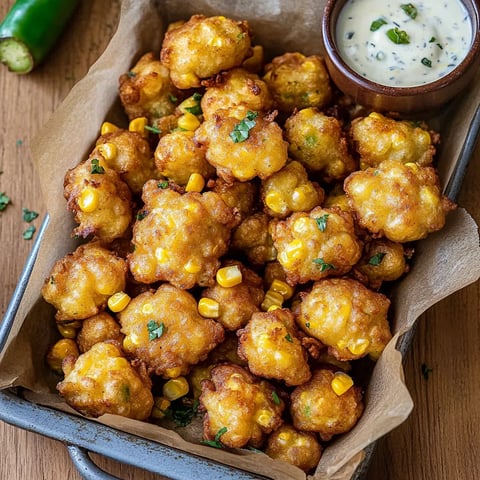A bowl of jalapeno corn nuggets with a dipping sauce.
