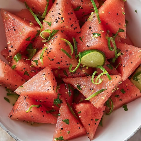A bowl of watermelon slices with green toppings.