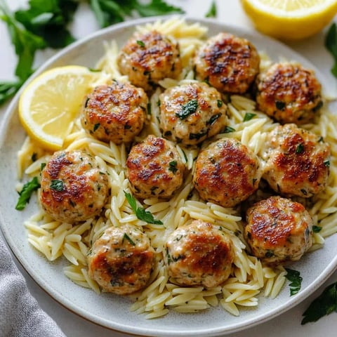 A plate of Greek chicken meatballs with lemon orzo.