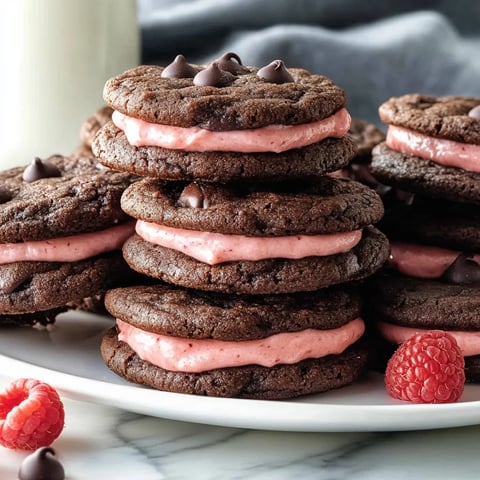 A stack of chocolate raspberry sandwich cookies.
