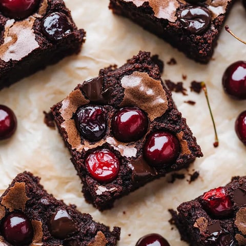 A close up of a chocolate brownie with cherries on top.