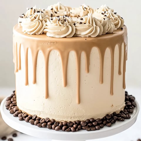 A white chocolate mocha cake with drizzled caramel.