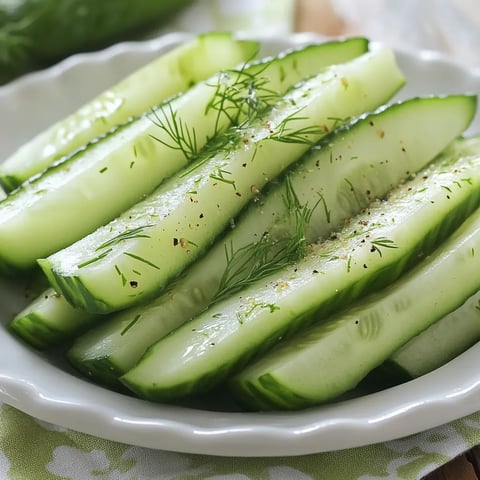 A white plate with sliced cucumbers and garlic dill.