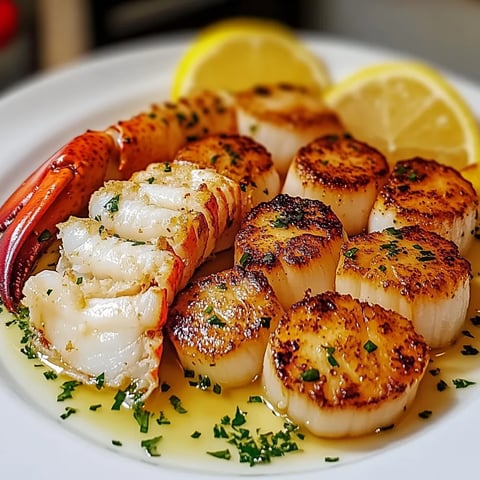 A plate of garlic butter lobster and scallops.