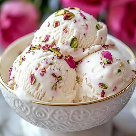 A bowl of ice cream with rose petals on top.