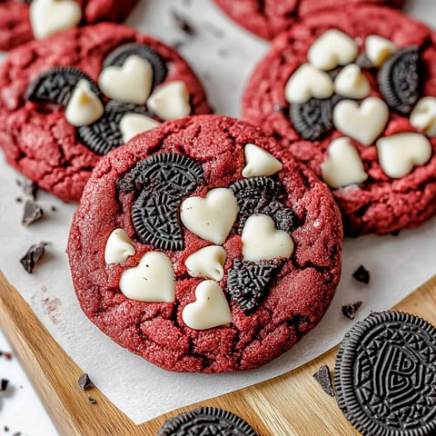 Red velvet cookies with white cream and chocolate chips.