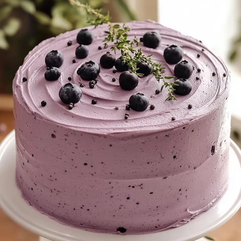 A purple cake with blueberries on top.