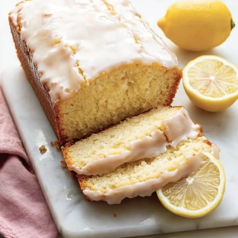 A slice of iced lemon pound cake.