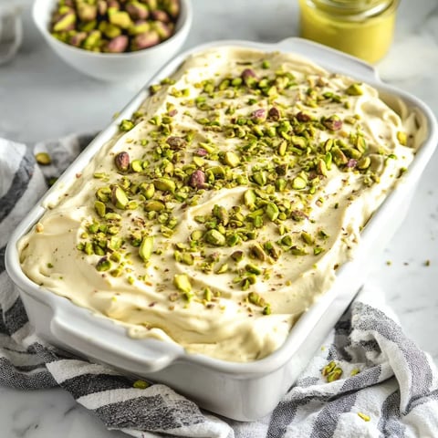 A vegan pistachio tres leches cake with a white bowl of pistachio nuts.