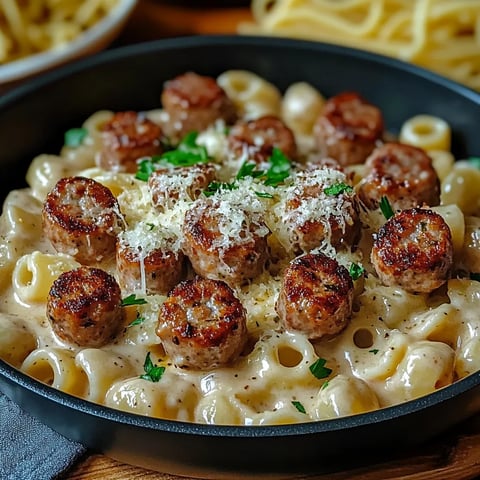A plate of sausage and pasta with cheese on top.
