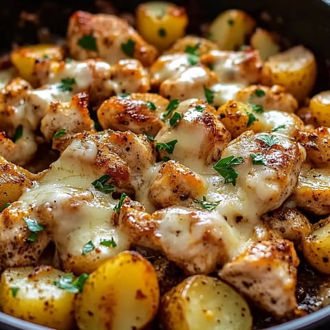 A dish of garlic Parmesan chicken and potatoes.