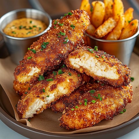 A plate of chicken tenders with a dipping sauce.