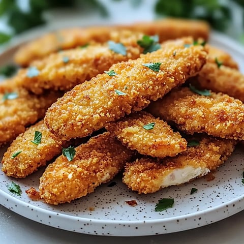Crispy baked chicken tenders on a plate.