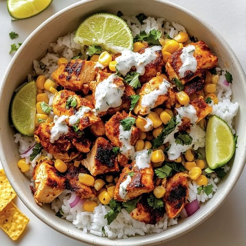 A bowl of chicken and rice with lime wedges on the side.