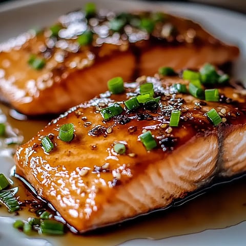 A plate of salmon with a brown sauce.