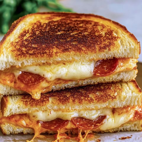 A grilled cheese sandwich with pepperoni on top.
