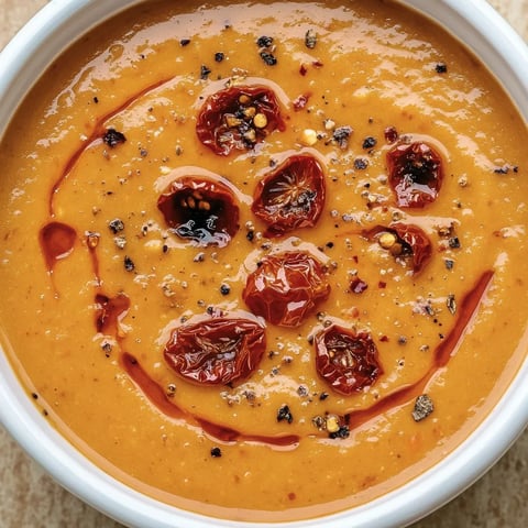 A bowl of creamy roasted garlic tomato soup.