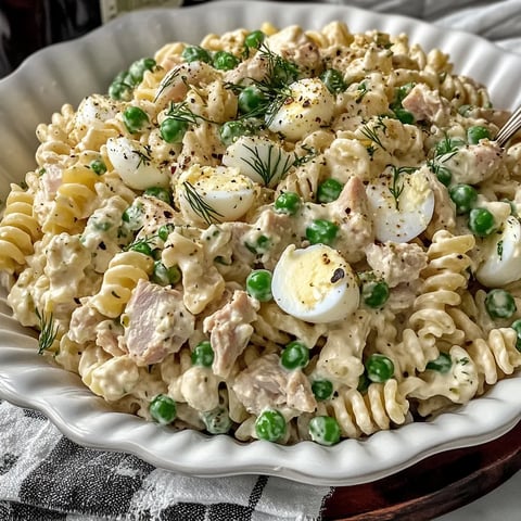 A plate of pasta with eggs and peas.
