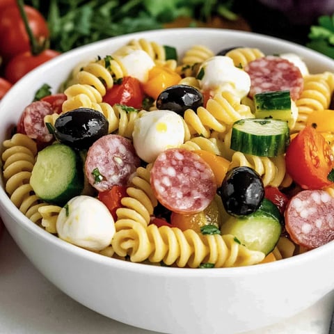 Ein weißer Becher mit einer Mischung aus Pasta, Tomaten, Zucchini, Oliven und Salami.