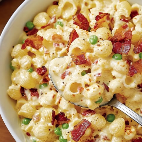 A bowl of creamy deviled egg pasta salad.