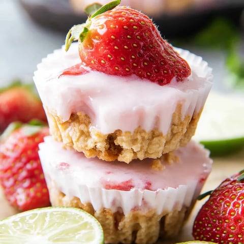 Three strawberry yogurt bites stacked on top of each other.
