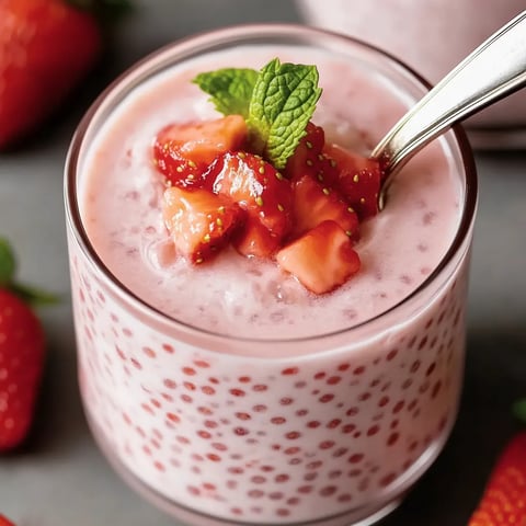 A glass of strawberry sago with a strawberry on top.