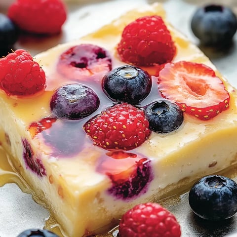 A slice of breakfast fruit and yogurt bake with raspberries and blueberries.