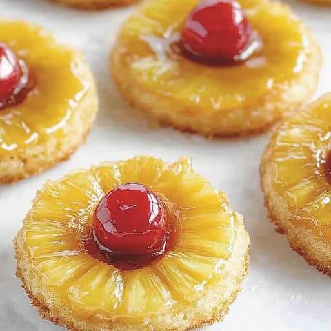 A close up of a pineapple upside down cookie.