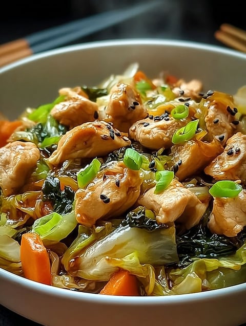 A bowl of chicken and cabbage stir fry.