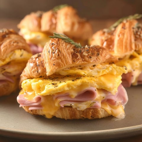 Croissant breakfast sandwiches with eggs and ham.
