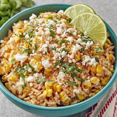 A bowl of Mexican corn rice with elote cream and cotija cheese.