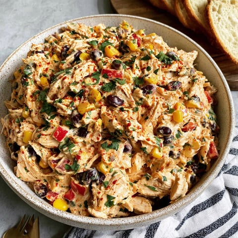 A bowl of chicken salad with a variety of vegetables.