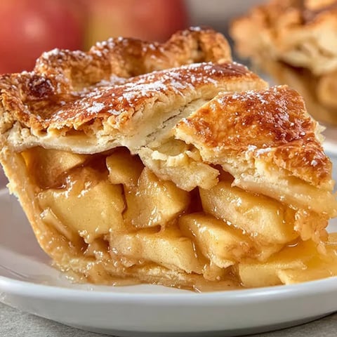 A slice of apple pie with a white plate.