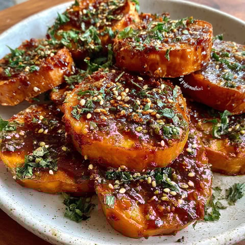 A plate of honey chili smashed sweet potatoes.