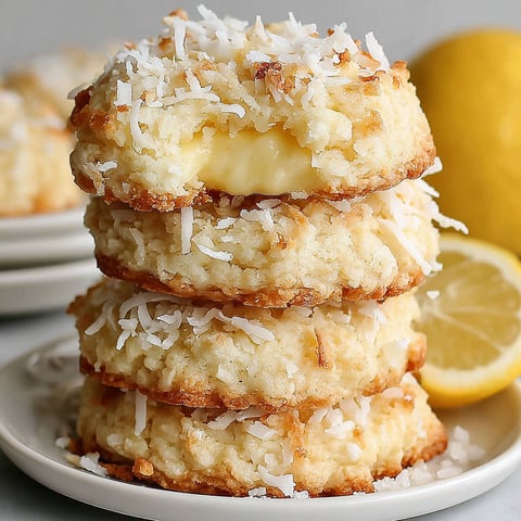 A stack of lemon coconut cheesecake cookies.