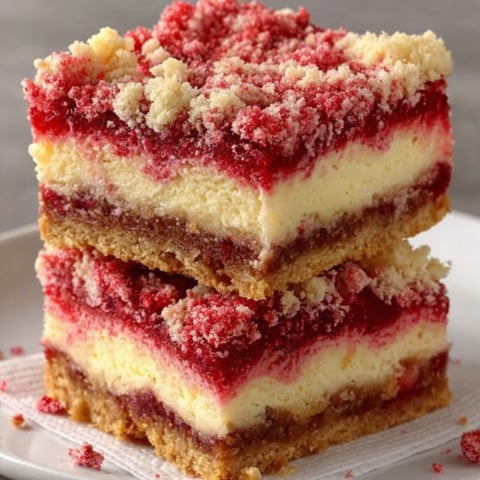 A stack of strawberry shortcake cheesecake bars.