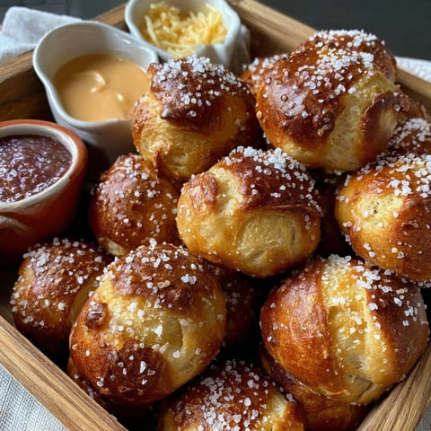 A wooden tray filled with buttery soft pretzel bites.