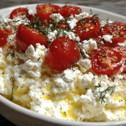 A bowl of feta yogurt with tomatoes and herbs.