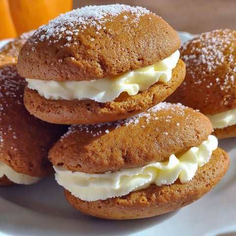 Pumpkin whoopie pies with white icing.