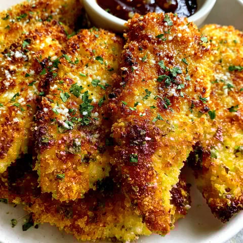 A plate of crispy baked chicken tenders.
