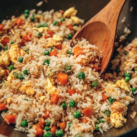 A wooden spoon in a pan of rice and vegetables.