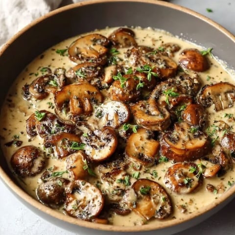 A bowl of mushrooms covered in a creamy sauce.