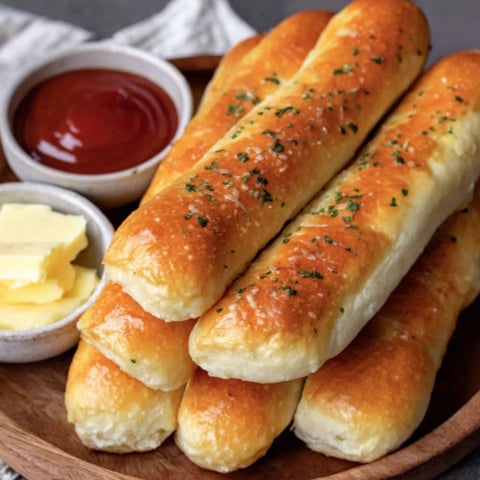 A plate of breadsticks with a dipping sauce.