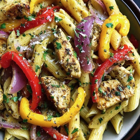 A plate of pasta with chicken and peppers.