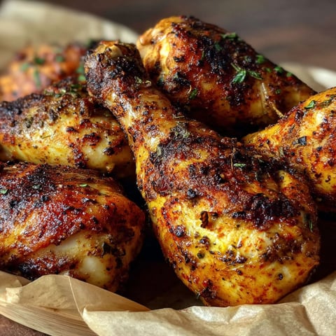 Spicy garlic chicken drumsticks on a wooden tray.