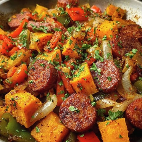 A dish of Sweet Potato Cajun Sausage Hash.