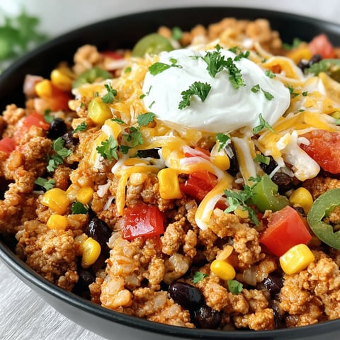 A bowl of ground turkey taco skillet with tomatoes, corn, and cheese.