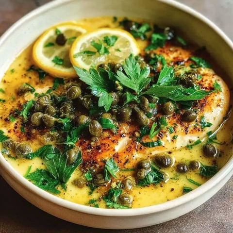 A bowl of food with lemon caper sauce.