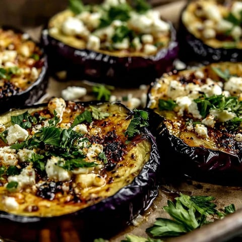 Roasted eggplant with feta cheese and herbs.