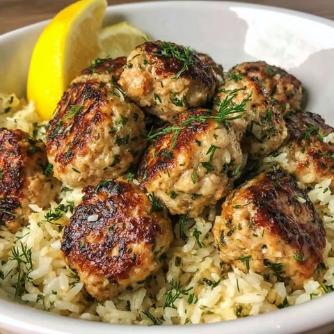 A bowl of rice with meatballs and a lemon wedge.